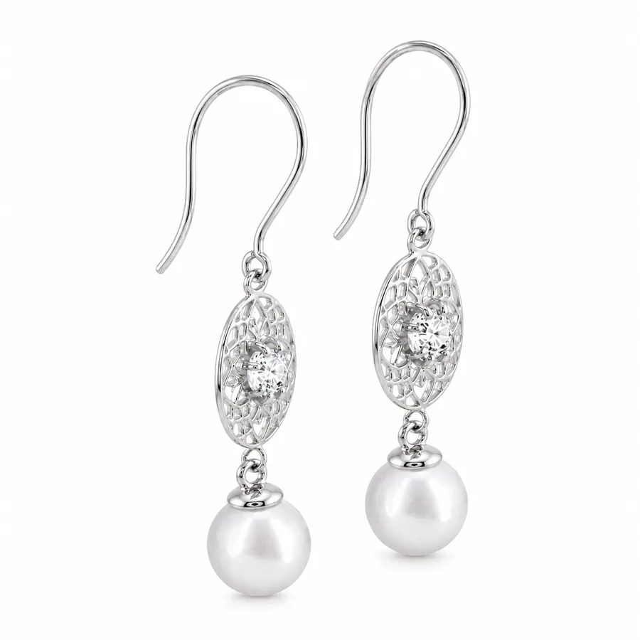 עגילים זהב יהלומים ופנינים - White Orient Pearl