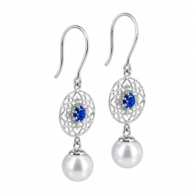 עגילים זהב ויהלומים ופנינים - Blue Orient Pearl